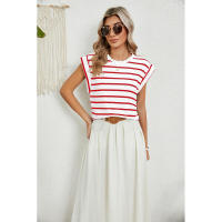 BUNO-2025 Tops para mujer, pantalón corto informal de moda de verano, camisetas básicas con textura a rayas de Color sólido y cuello redondo - details 67