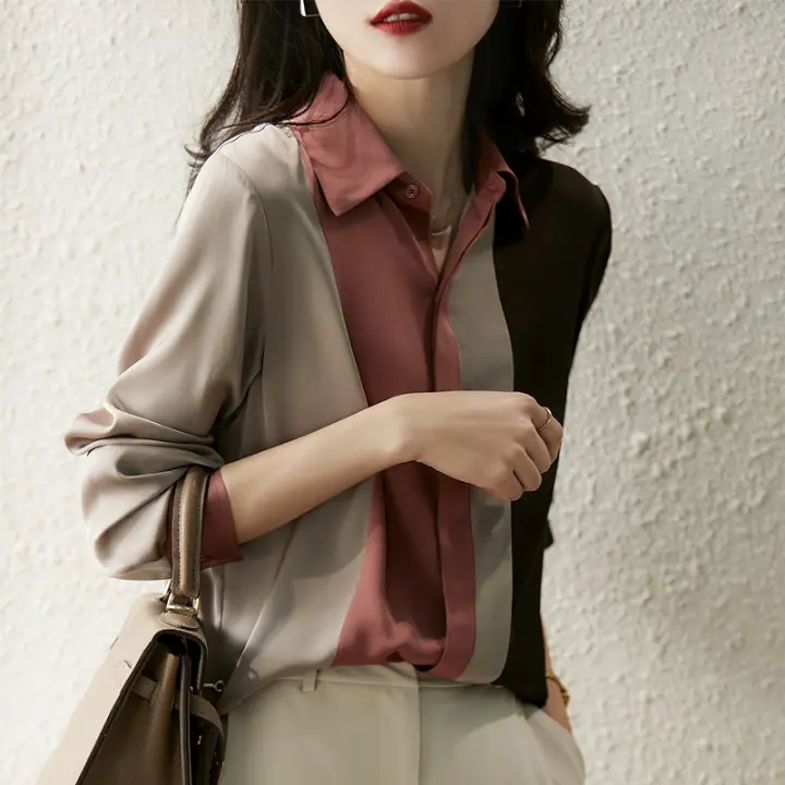 Blusa De Satén Para Mujer 2025 Cuello Polo Manga Larga Vintage Elegante Suéter Abierta Completa Ropa Casual De Oficina - 1