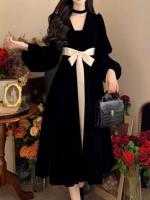 Vestido de terciopelo negro estilo francés Hepburn para mujer en otoño invierno, diseño corto y elegante y temperamento. Largo con cintura - details 5
