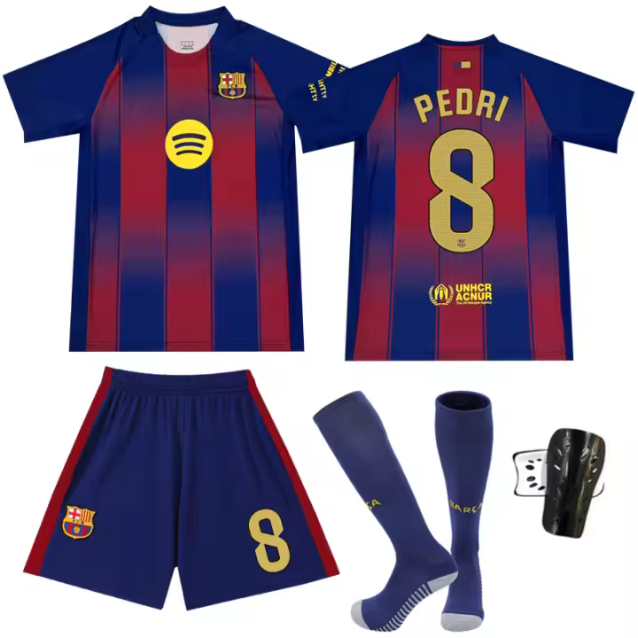 Conjunto de camiseta oficial de visitante réplica de Barcelona 2025/26 - Blanco - Adulto/niños - Con camisetas + pantalones cortos + calcetines + almohadilla - 1