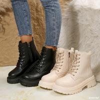 Botas de moto de cuero Pu para mujer, botas de tobillo cálidas con cordones de felpa, tacón plano beige negro, botas de algodón antideslizantes, invierno - details 8