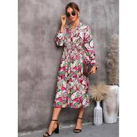 Vestido casual elegante de manga larga para mujer con estampado de hojas elegante - details 1