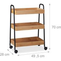 Camarera con 3 Repisas, Asas y Ruedas Giratorias 360º, Bambú, Acero y DM, Marrón y Negro, 70 x 49 x 28 cm, Tablero de Fibras - details 3