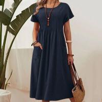 Nuevo vestido plisado de lino y algodón de manga corta con bolsillos y cuello redondo de Color sólido para mujer, vestidos Midi verde militar - details 3