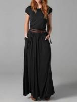 Vestido Largo Plisado de Manga Corta con Bolsillos para Mujer Moda Retro Informal Minimalista de Talla Grande Vintage, Cuello Redondo, Verano 2025 - details 1