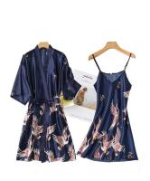 Conjunto de kimono de seda sintética para mujer, pijama y albornoz sexy estampado, ropa interior de verano, 2 piezas. - details 6