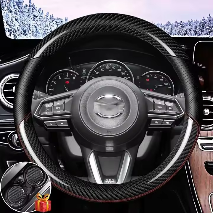 Cubierta de volante de fibra de carbono para Mazda, accesorios de coche de cuero negro, 15" - 1