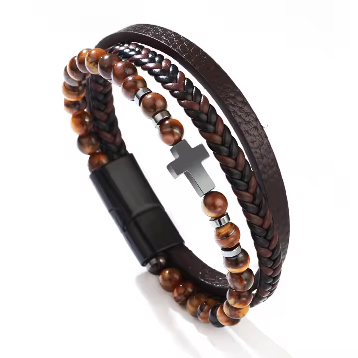 Pulseras Hombre 2025 con Cruz y Piedras Naturales, Diseño en Capas de Cuero Sintético Tejido, Ojo de Tigre y Cuarzo Ahumado, Regalos para Hombre - 1