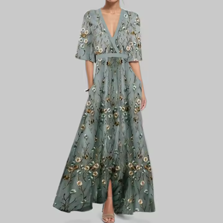 Vestido de falda grande con cordones estampado con cuello en V y temperamento elegante y a la moda para mujer 2025 - 1