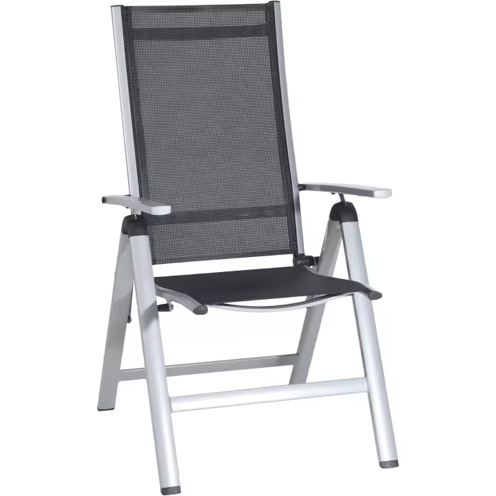 Silla de Jardín Plegable Monza, Silla Abatible de Aluminio y Textileno, Sillón de Balcón Respaldo Reclinable con 8 Posiciones, Plateado/Negro - 1