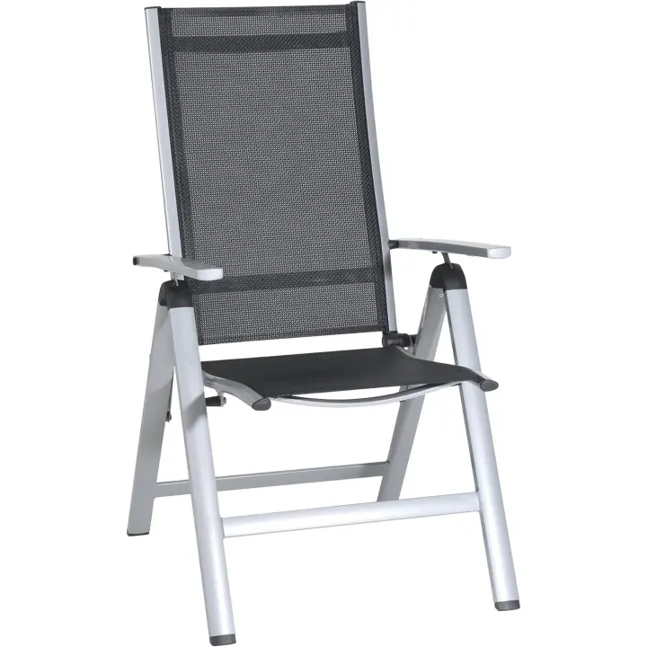 Silla de Jardín Plegable Monza, Silla Abatible de Aluminio y Textileno, Sillón de Balcón Respaldo Reclinable con 8 Posiciones, Plateado/Negro - 1