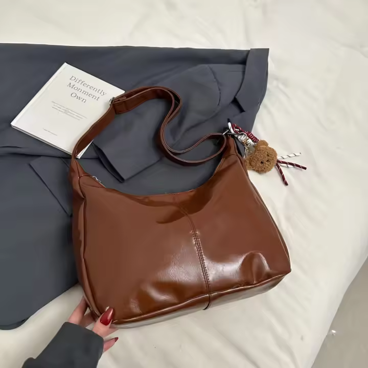 Bolso Hobo sencillo con colgante de bolso de hombro de cuero de PU estilo coreano con cremallera bolso cruzado de Color sólido bolso de mujer - 1