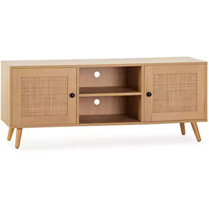 Mueble TV Bella 2 Puertas Color Roble con Ratán Natural, 120 cm (Ancho) 40 cm (Profundidad) 48 cm (Altura) - 1