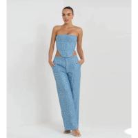 Conjunto de Denim con Lentejuelas BKQU Pantalones de Pierna Ancha y Top de Tanque con Corset sin Correas para Mujeres Outfit de Fiesta de Lujo para Clubes - details 39