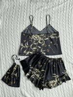 Moda verano, 3 piezas, camisola y pantalón corto, estampado floral de seda con bolso colgante, pijama de mujer, pijama de casa - details 9
