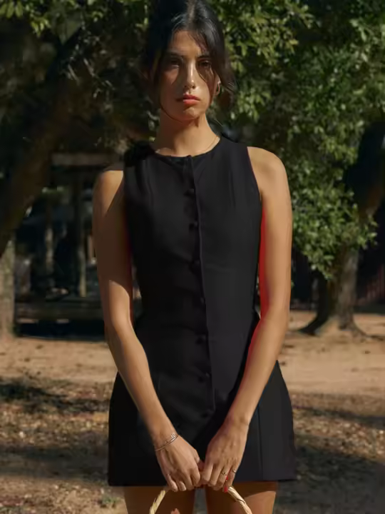 Vestido corto informal sin mangas para mujer, a la moda con botones minivestido, color rojo y negro, ropa elegante para verano, 2024 - 1