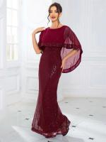 Largo con lentejuelas y mangas de murciélago, gasa, elegante vestido de noche elástico fiesta de graduación para mujer - details 5
