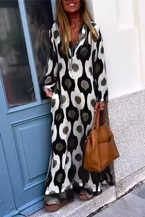 Vestido casual de mujer con cuello en V, manga larga, bohemio, adecuado para vacaciones y playa, otoño 2024 - 1