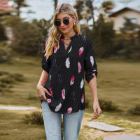 Camisa con estampado de plumas de tres cuartos y manga e para mujer, cuello en V, otoño, nueva - details 8