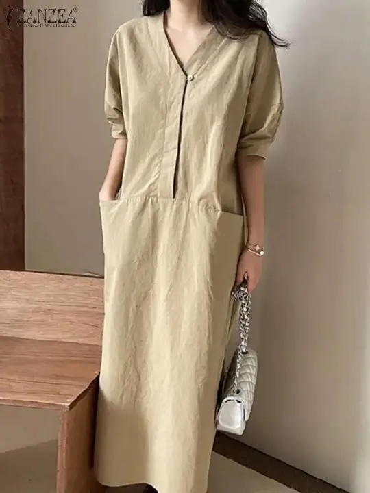 ZANZEA-vestido largo informal de color caqui para mujer, vestido largo informal con bolsillos tipo Cargo coreanos, vestido Haruku holgado con cuello en V para oficina 2024 - 1