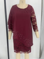 Vestido de noche de encaje de talla grande para mujer, color sólido, patchwork, elegante, manga 3/4, ajustado - details 12