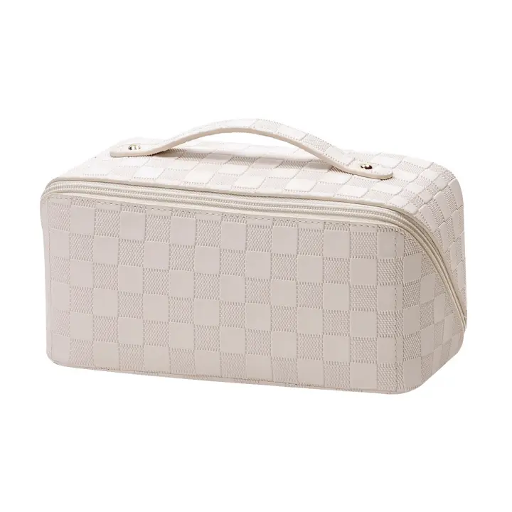 Bolsa de cosméticos de gran capacidad, bolsa de maquillaje de acero impermeable con asa blanca - 1