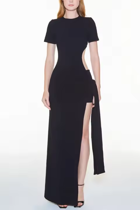 Vestido con abertura en la cintura para mujer, cuello redondo, manga corta sexy, color liso, adecuado a la moda para vacaciones - 1