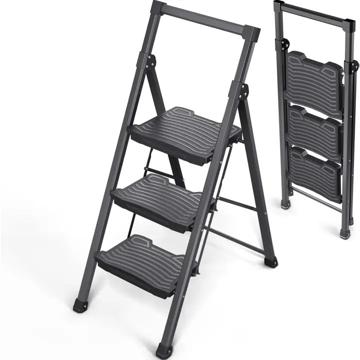 Escalera de Acero de 400kg Pedales Antideslizantes Anchos Barandilla Escalera de Tijera para Hogar, Cocina, Oficina Negro - 1