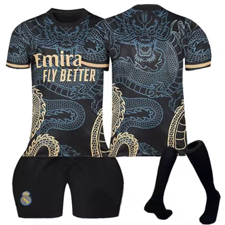 Los adultos2324 Real Madrid Uniforme de fútbol Patrón de dragón Negro Edición especial No. Traje infantil 7 C Ronaldo Bellingham Vinicius - 1