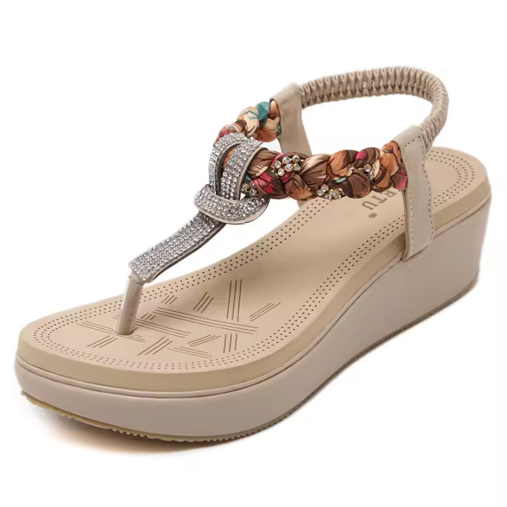 Sandalias de Mujer Verano 2025 Estilo Bohio playero con Tela Floral y Strass - 1