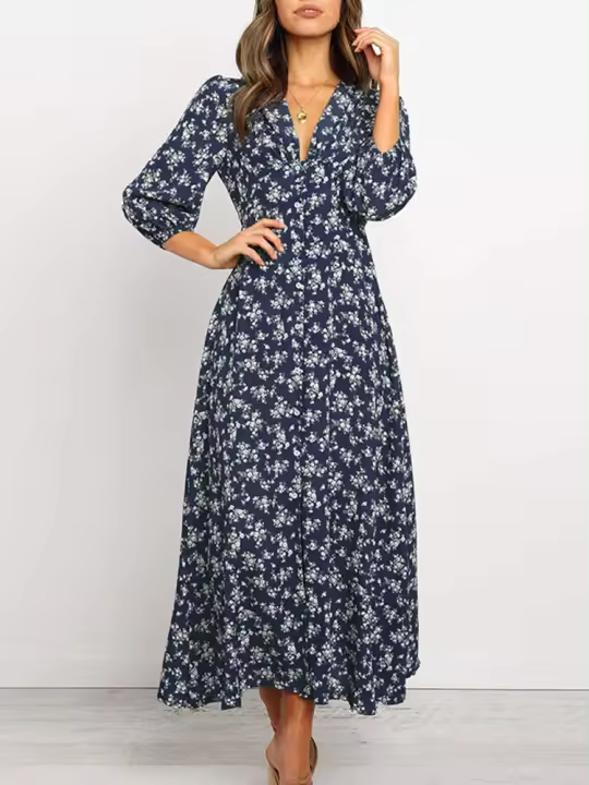 Vestido Vintage Elegante Verde 2025 para Mujer Manga Larga Estampado Floral Línea A Primavera/Verano - 1