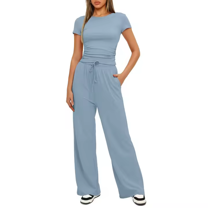 Conjuntos de 2 piezas para mujer, Tops fruncidos de manga corta y pantalones de pierna ancha, chándal a juego, trajes de mujer - 1