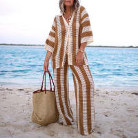 Conjunto de verano para mujer, camisa a rayas con cuello en V y pantalones anchos de punto holgado - details 4