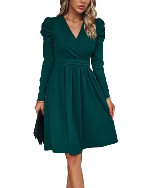 Vestido de manga larga con cuello en V para mujer, ropa elegante y bonita de Color sólido, moda coreana, Harajuku Thic - 1