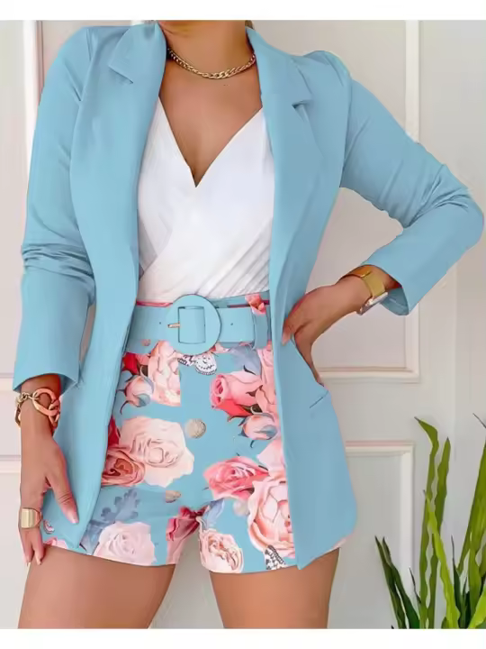 Conjunto de Primavera para Mujer Vestido de Manga Larga, Chaqueta, Pantalones Cortos - 1