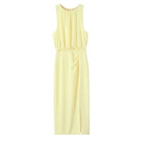TRAFZA-vestido Midi elegante para mujer, vestidos informales de estilo de vacaciones de verano, sin mangas, lisos, con cuello redondo y dobladillo dividido - details 2