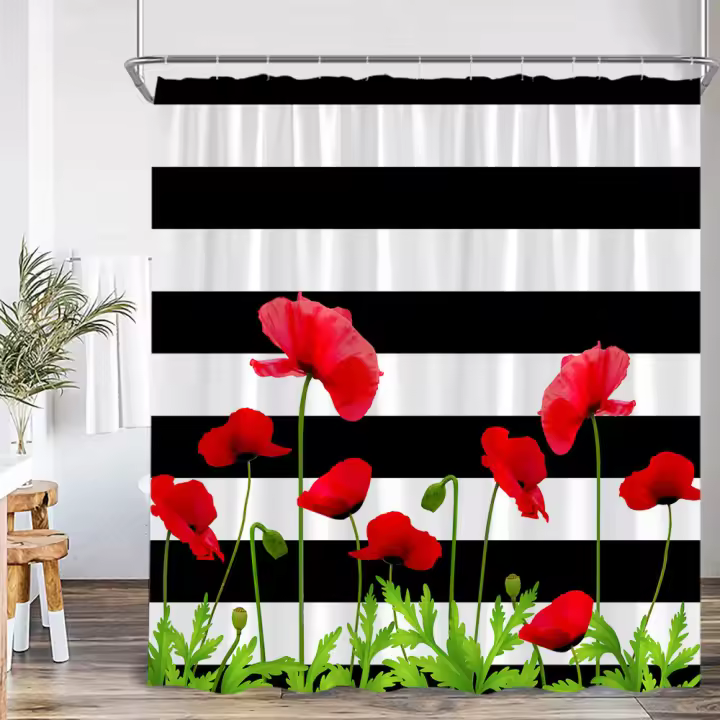Cortinas de ducha de flores coloridas a rayas blancas y negras, rosas, plantas de amapola, decoraciones florales para el baño, cortinas de baño de poliéster - 1
