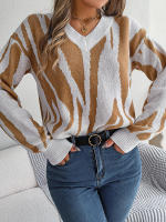 Jersey con cuello en V para mujer, suéter de manga larga con patrón geométrico de contraste, hilo de rosca, Tops informales de punto, otoño e invierno, 2023 - details 9
