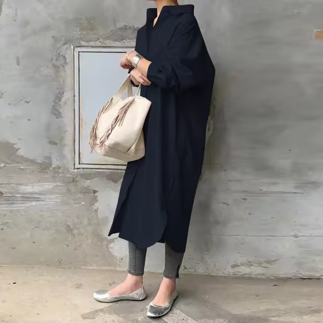 Vestido elegante con cuello de otoño, manga larga, ropa informal holgada para mujer - 1