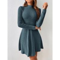 Vestidos de mujer otoño-invierno Color sólido, manga larga, cuello alto, cintura alta, doble abertura, estilo casual - details 3