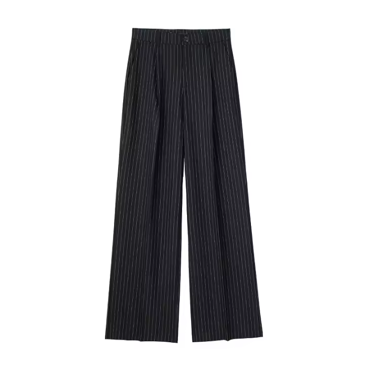 TRAF Pantalones rectos a rayas, otoño 2024, pantalones largos plisados ​​elegantes para mujer, pantalones casuales de moda para mujer, pantalones negros Beige y grises para oficina - 1