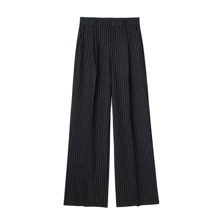 TRAF Pantalones rectos a rayas, otoño 2024, pantalones largos plisados ​​elegantes para mujer, pantalones casuales de moda para mujer, pantalones negros Beige y grises para oficina - 1