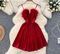 Vestido de fiesta de estilo navideño para mujer, diseño elegante de plumas, línea A - details 0