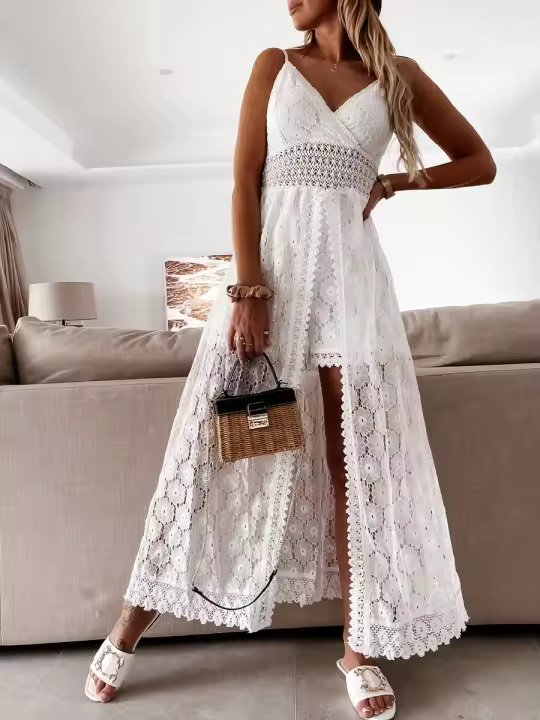 Vestido playero largo de tirantes finos para mujer, traje bohemio sin mangas con encaje Floral ahuecado, traje de verano - 1
