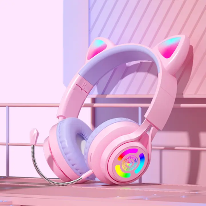 Auriculares BLUEKAKA con diseño de gato lindo para niños y niñas auriculares inalámbricos bluetooth con micrófono incorporado control de volumen auriculares deportivos y ejercicios material de silicona - 1