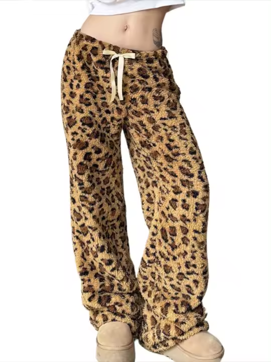 Mujer con estampado de leopardo, pantalones de cintura suelta, pantalones de lana de pierna recta para - 1