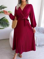 Vestido largo plisado con dobladillo grande para mujer, vestido cruzado de Color liso con cuello en V, moda de primavera y verano - details 23