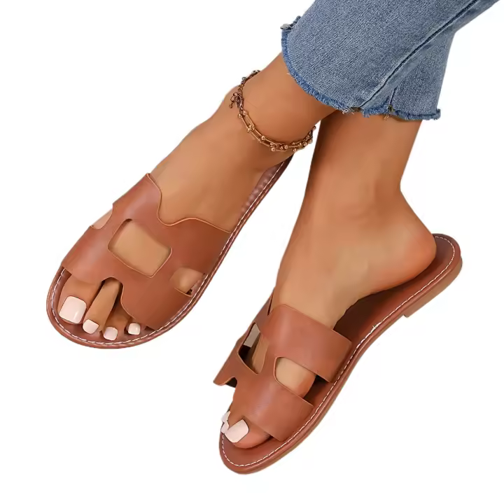 Zapatillas de mujer de cuero marrón con cabeza redonda y tacones expuestos, zapatos planos informales para parejas, sandalias cómodas para mujer - 1