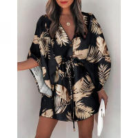 Traje de baño para mujer Vestido de playa estampado con cordón3/4MangaVMini falda de playa con Cuello estilo bohemio - details 11