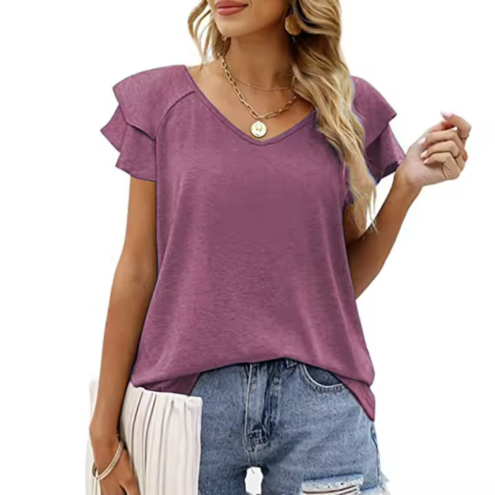 Camiseta de mujer, top de manga corta con cuello en V, camiseta informal de verano con volantes - 1